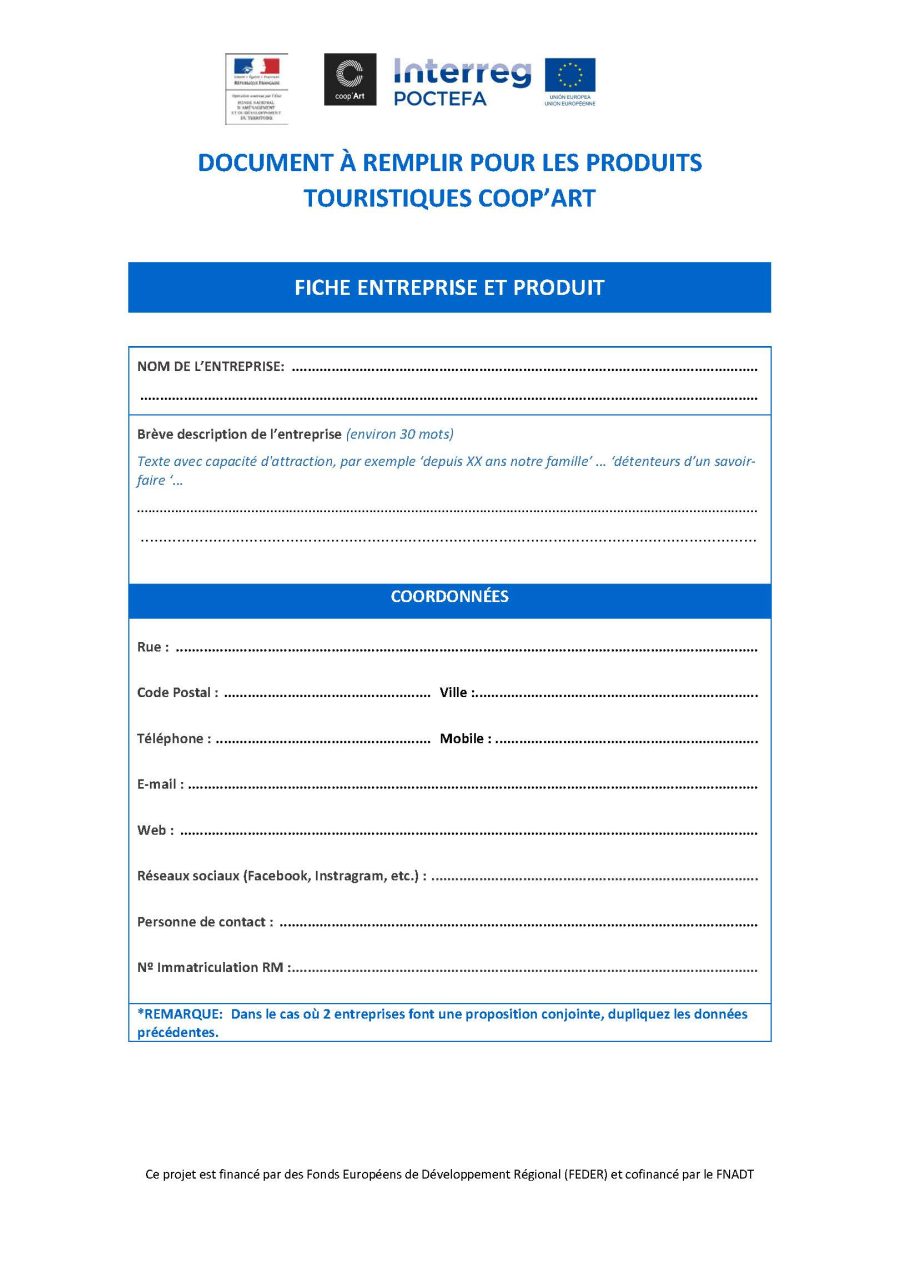 Document à remplir pour les produits touristiques Coop'Art